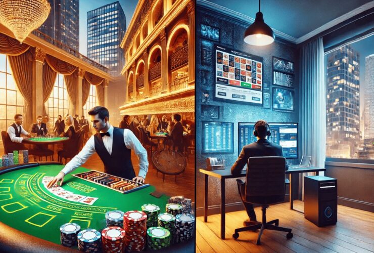Representación del contraste entre el dinamismo presencial y la comodidad del juego online, destacando la evolución digital del sector.