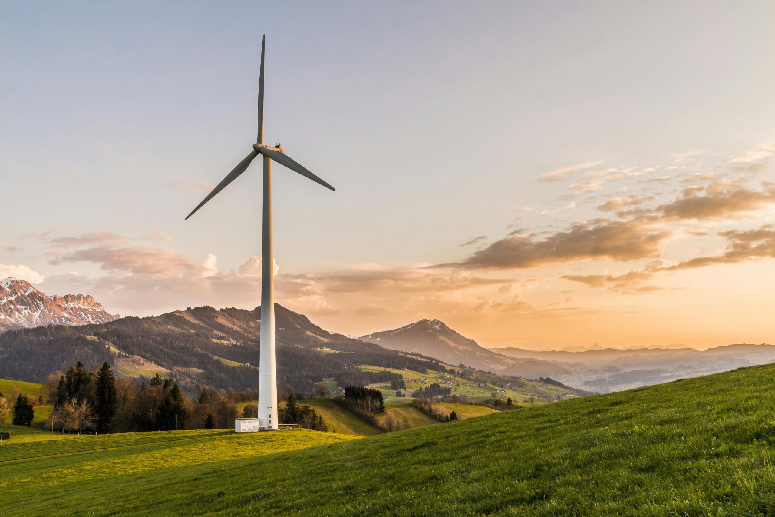 Turbinas de viento en campo verde generando energía eólica renovable